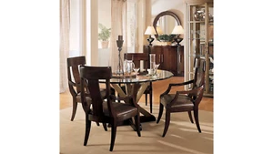 Bernhardt Dining table set with 54" glass top, metal base & 4 leather amrchairs - Picture 1 of 7
