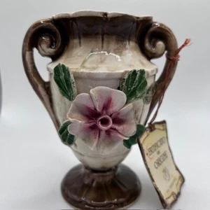Authentic Italy Nuova Capodimonte Brown Porcelain Pink Flower Rose Bud Vtg Vase - Picture 1 of 12