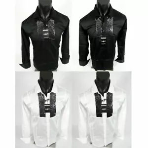 Mens Shirt Black White Shiny Sequins Event Wedding Barabas Classic Fit Button Up - Picture 1 of 13