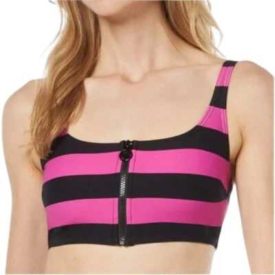 Top de bikini Michael Kors grande a rayas rosa y negro con cremallera frontal $90 nuevo con etiquetas Foto 1 de 4
