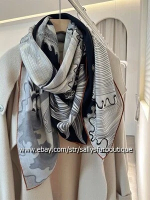 Sally Boutique 70% Cashmere 30% Silk Wrap Scarf Horse Sea Print Square Shawl 53" - Image 1 of 4