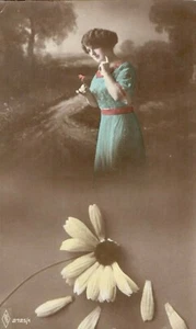 Beautiful Woman Holding "He Loves Me" Flower Studio Postcard Hand Colored RPPC - Picture 1 of 2