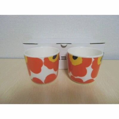 Marimekko Unikko Latte Mug Cup Floral Orange White Ceramic Set of 2 New Unused - Image 1 of 4