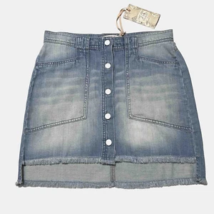 NWT Chelsea & Violet Denim Skirt Womens Jean Mini Button Up Fringe Raw Hem Sz 27 - Picture 1 of 11
