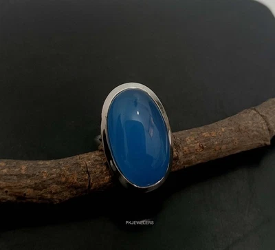 Anello in argento sterling 925 con gemme di calcedonio blu naturale misura US... - Immagine 1 di 4