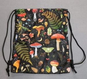 Mushrooms, Woodsy on Black Background Drawstring Backpack/Pouch Boho - Picture 1 of 2