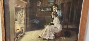 1909 Ullman Mfg Co New York VTG Man Woman Fireplace Print Needlepoint - Picture 1 of 6