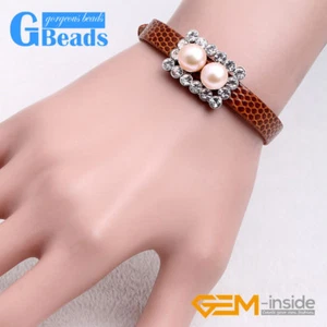 Armband 8 mm Süßwasserperlen Perlen Strass Rechteck Lederarmband 8 Zoll - Bild 1 von 24