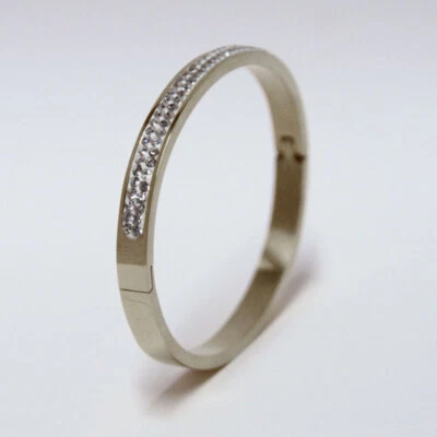 Damen Armreif Edelstahl mit Zirkonia besetzt ca. 4, 6 oder 8 mm breit silberfarb - Bild 1 von 4