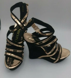 Black Faux Suede Gold Metallic Strappy Platform Cage Wedge Size 9 Mackin #206-1 - Picture 1 of 10