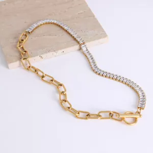 18K Gold Plated Stainless Steel Fancy Choker Half Chain Link Half Cubic Zirconia - Picture 1 of 9