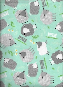 New Comfy Flannel Gray and White Sheep on Mint Green Fabric by the Yard - Picture 1 of 3
