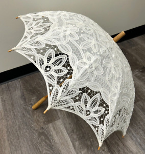 White Battenburg Lace Parasol, Umbrella w/Wood Handle Wedding/Shower Decor 30"