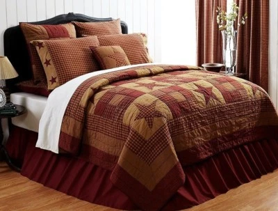 Full Queen Hand Stitched Quilt Country Patchwork Burgundy Red Ninepatch Star - Image 1 of 4