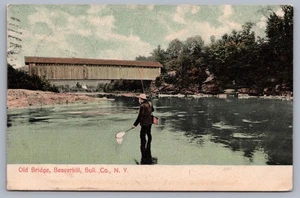 Old Wooden Covered Bridge Fly Fisherman Beaverkill NY Catskills Sullivan Co. M11 - Picture 1 of 3