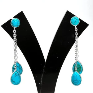 Green Turquoise Gemstone 925 Sterling Silver Jewelry Stud Earring Size 2.6" - Picture 1 of 1