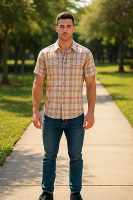 ROCAWEAR Hombres L Clásico Botón Naranja Cuadros Vintage Verano Playa Manga Corta Y2K Foto 1 de 4