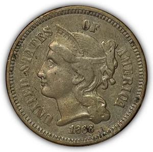 1868 Three Cent Nickel Extremely Fine XF Coin #27195 - Picture 1 of 3