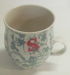 Anthropologie Homegrown Initial “S”Letter Monogram Green Floral Coffee Mug - Picture 1 of 7
