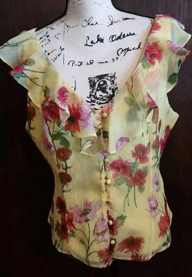 New BB Dakota Large Blouse Yellow Floral Sleeveless Cottagecore Ruffle Lined - Image 1 of 4