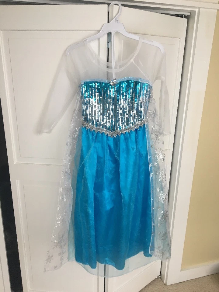 Elsa Dress Frozen Blue Dress Up w Mesh Top Snowflakes Cape & Sequins EUC Sz 7/8 - Image 1 of 4