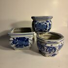 Vintage niebiesko-białe kwiatowe ceramiczne chińskie donice partia/3