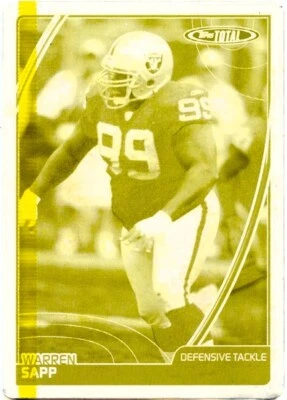 WARREN SAPP 2007 TOPPS TOTAL FOOTBALL YELLOW PRINTING PLATE SP 1/1 RAIDERS - Image 1 of 2