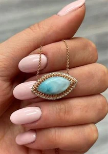 14K Rose Gold Marquise Shape Aquamarine Cabochon Diamond Pendant Necklace 16-17" - Picture 1 of 7