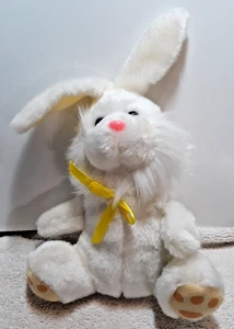Plush Bunny Rabbit  White Yellow Bow Ears Feet Hard Eyes Pink Nose Sitting soft - Picture 1 of 5