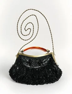 Cartera vintage con cuentas y lentejuelas negra con correa de cadena mango Lucite marrón - Imagen 1 de 5