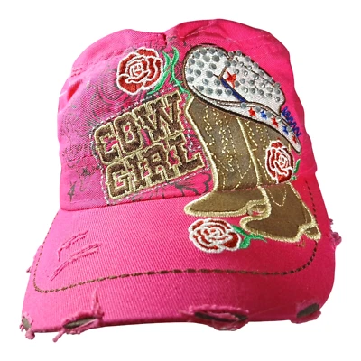 Cowgirl Hat Boots Bling Rhinestone Hot Pink Distressed Adjustable Western Cap - Image 1 of 4