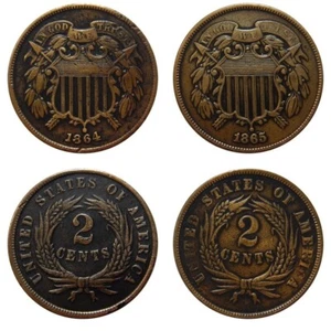 Two cent piece 1864 1865 full motto WE (2) pair of two cent pieces - Picture 1 of 2