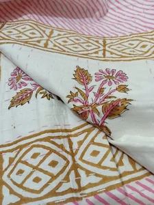 Indian block Pink White Kantha Quilt,blanket Cotton Queen Bedspread Gudari Throw - Picture 1 of 12