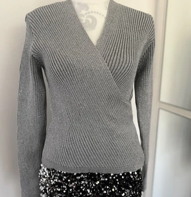 Dorothy Perkins Silver Wrap Knitted Top UK 12-14 – Metallic Ribbed Jumper NWT - Image 1 of 2