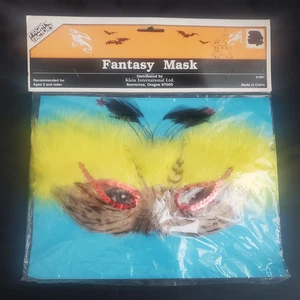 Vintage Fright Factor Fantasy Mask Cosplay Yellow Feather Fur/Red Sequin Cat Eye - Picture 1 of 2