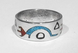 OLD Zuni 925 Silver Turquoise Coral 3 Inlaid Kachina Trading Post Band Ring 8.5 - Picture 1 of 7