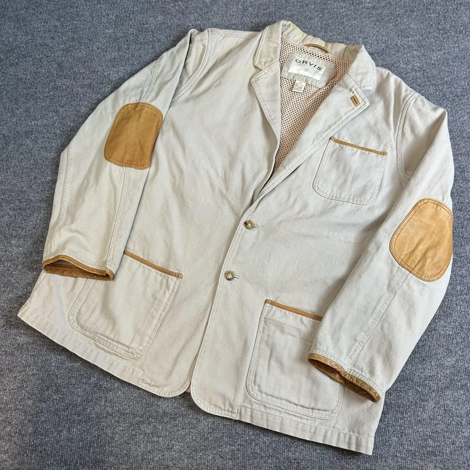 Orvis Blazer Mens 50 Tall Khaki Canvas Sport Coat Leather Elbow Patches Hunting - Image 1 of 4