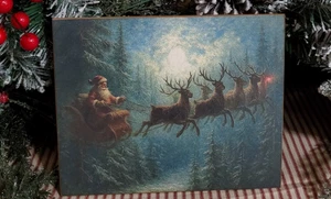 GORGEOUS PRIMITIVE VICTORIAN VINTAGE STYLE CHRISTMAS SANTA FLYS DEER WOODEN SIGN - Picture 1 of 12