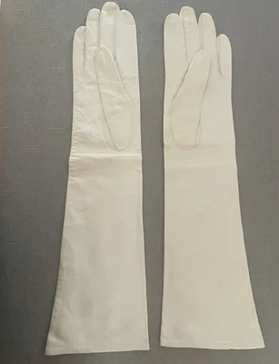 Vntg New White Kid Leather Elbow Lgth Gloves Wedding 15.5" France, Silk Lined 7 - Image 1 of 4