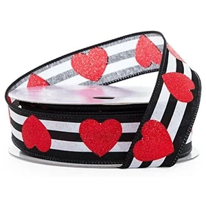 1.5" Wide Red Glitter Hearts & Stripes Linen Wired Ribbon - 25 Yds (56311501) - Picture 1 of 1