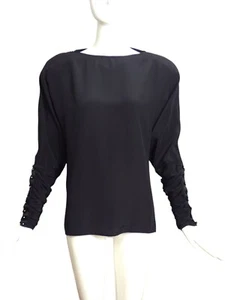 GIANNI VERSACE- 1980s Black Shirred Silk Blouse, Size 8 - Picture 1 of 5
