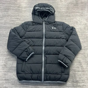 Under Amour Jacket Size YLG Youth Kids Puffer Full Zip Hooded Black - Picture 1 of 8