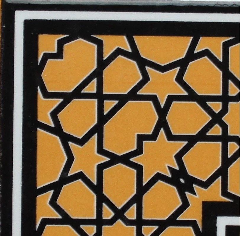 4"x4" Black and Mustard Turkish Iznik Geometric Pattern Tile Border Corner - Image 1 of 2
