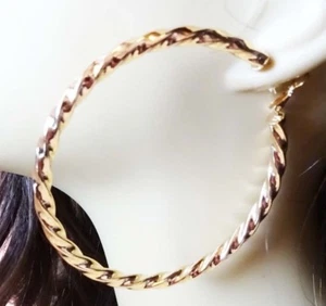 LARGE 2.75 INCH HOOP EARRINGS GOLD PLATED ROPE TWIST THICK ROUND HOOPS - Picture 1 of 3