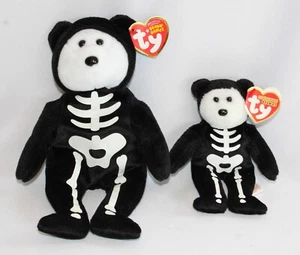 PAIR  TY BEANIE BABY HALLOWEEN SKELETON BEARS  "BONESES" -w/TAGS 8-1/2" & 3-1/2" - Picture 1 of 5