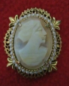 Vintage Florenza Kamee Brosche Anstecknadel filigran Fleur de Lis rosa elfenbein gold  - Bild 1 von 12