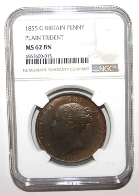 Great Britain 1855 Penny Plain Trident KM# 739 NGC MS 62 BN - Image 1 of 4