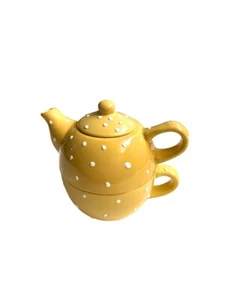 New Yellow White Polkadot Stack Teapot /Cup 10 Oz Tea For One Set 6" H x 6"W - Picture 1 of 4