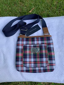 TOMMY HILFIGER MADRAS PLAID FABRIC CROSSBODY PURSE ADJUSTABLE NAVY STRAP 8.5x8" - Picture 1 of 6