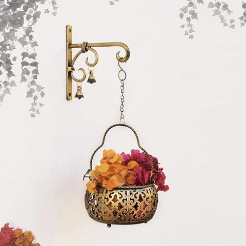 Handcrafted Iron Small Flower Basket Antique Golden Finish Cover